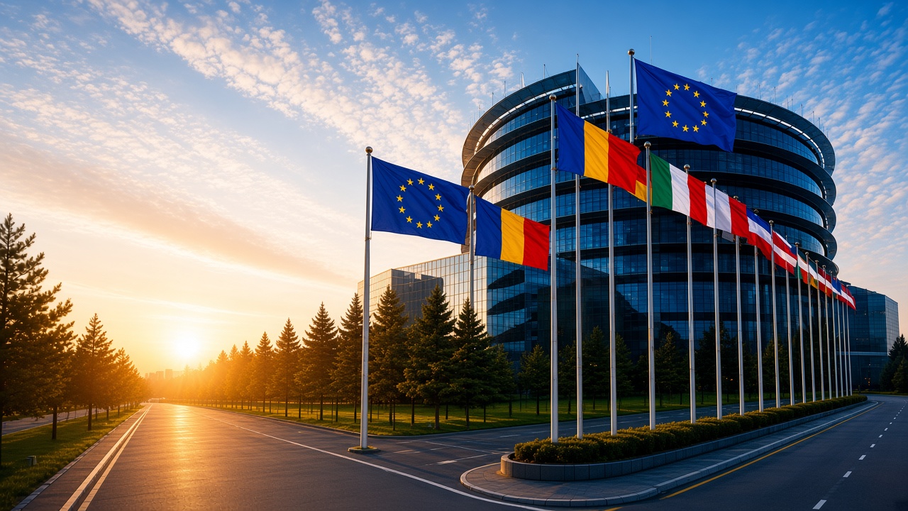 Clădire europeană cu steagurile Europei